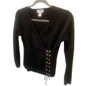 Carmen Marc Valvo Womens Medium Black Top V-neck Grommet Faux Wrap